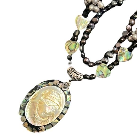 Vintage Peacock Pearl MOP Abalone Multi Strand Victorian Lady Cameo Necklace - Picture 4 of 8